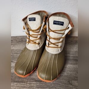 Sperry Olive Green and Tan Duck Boots